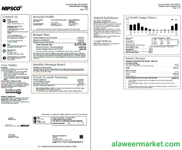 USA NIPSCO utility bill template in Word and PDF formats, 2 pages
